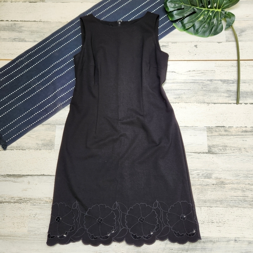Talbots Floral Embroidered Ponte Knit Shift Dress Black Size 8